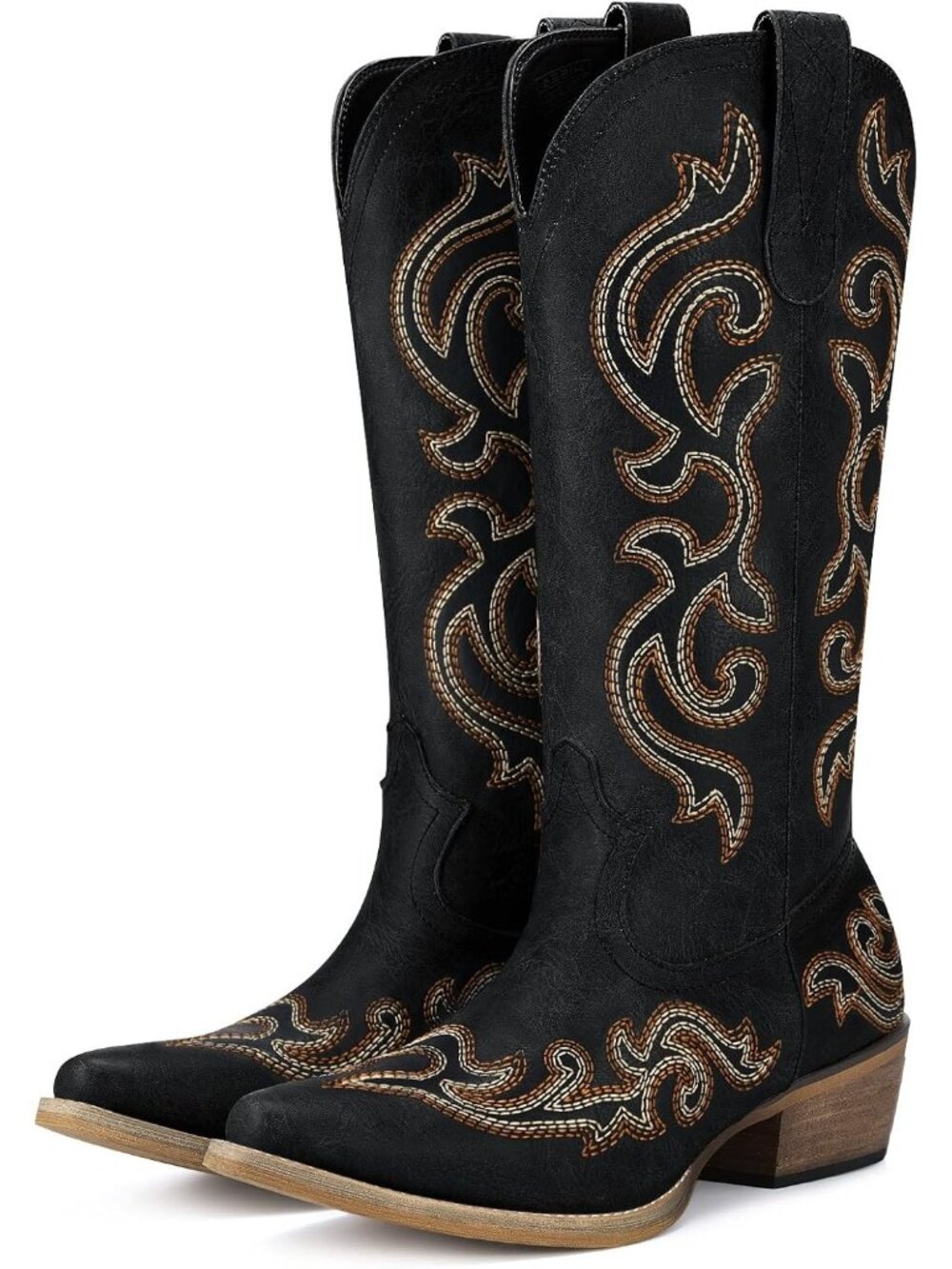 Women's Black Snip Toe Chunky Wooden Heels Floral Embroidery Cowgirl Boots